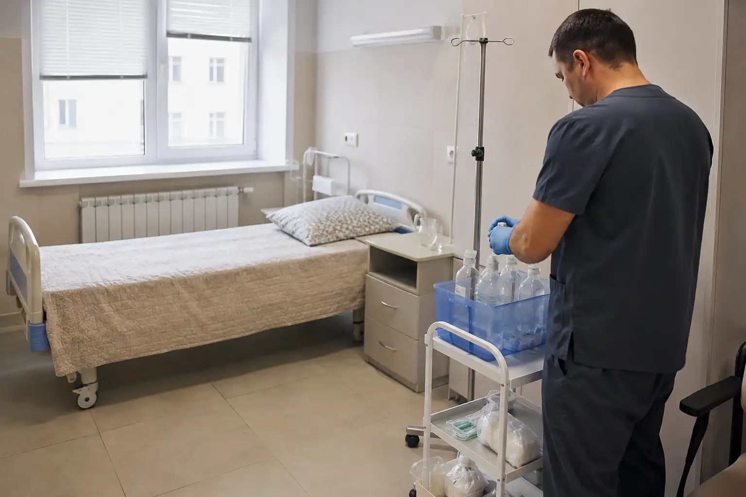 Врач готовит кабинет стационара для лечения наркомании